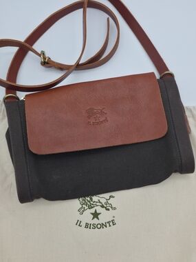 IL BISONTE Leather Canvas Zip Shoulder Bag Brown Gray + Dust Bag